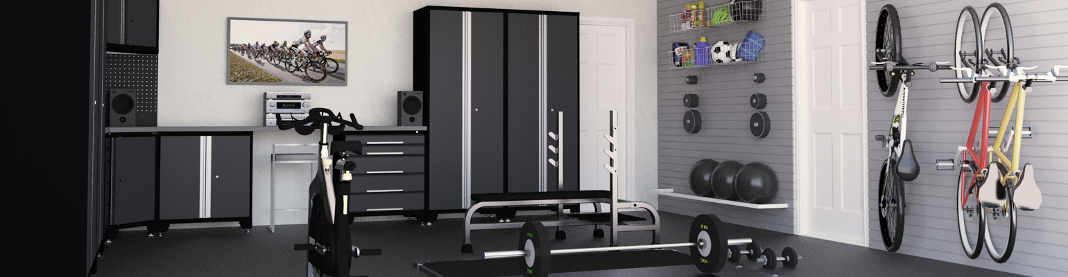 A gym set up in a home garage with wall panels, PVC floor tiles and storage cabinets